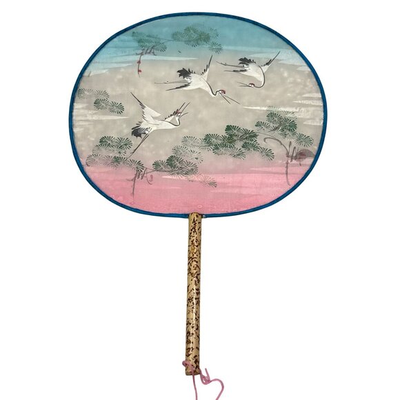 Vintage Japanese Hand Fan With Crane Design & Bamboo Handle - Picture 3 of 3